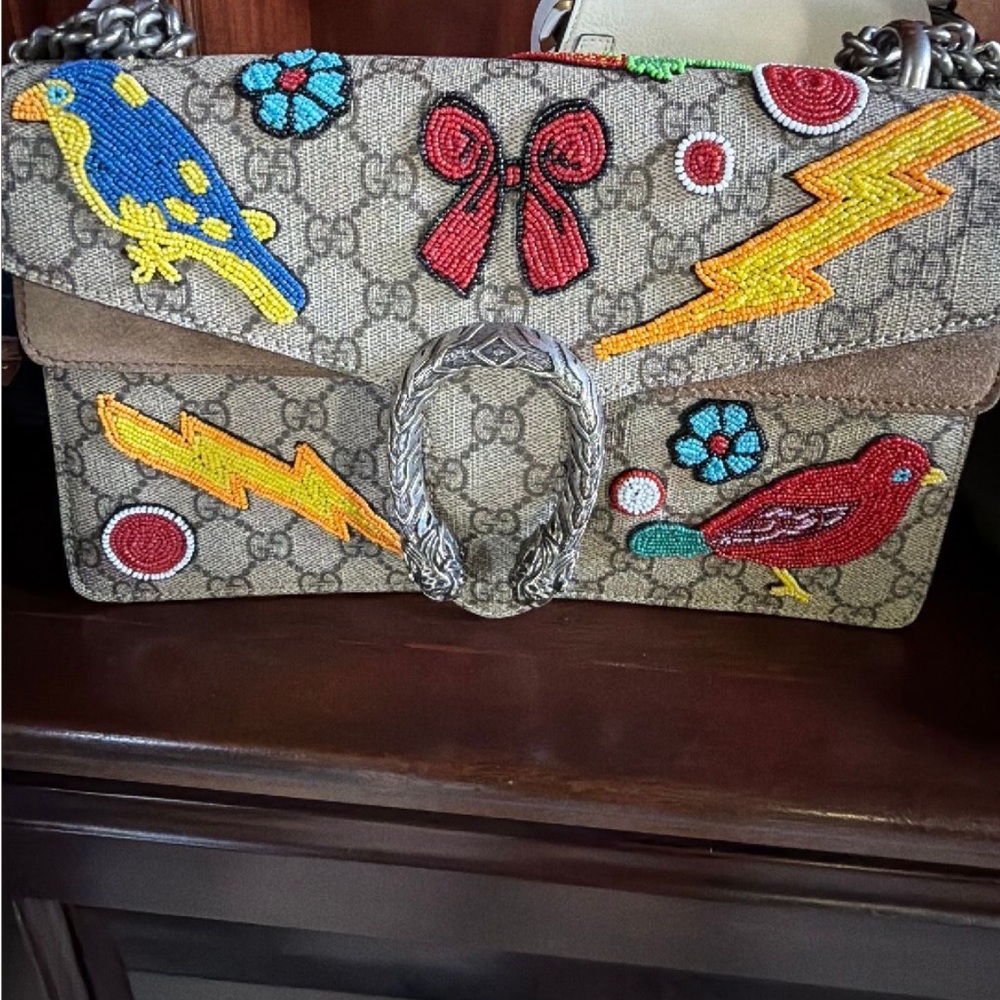 Gucci Beige Multicolor Embroidered Shoulder Bag